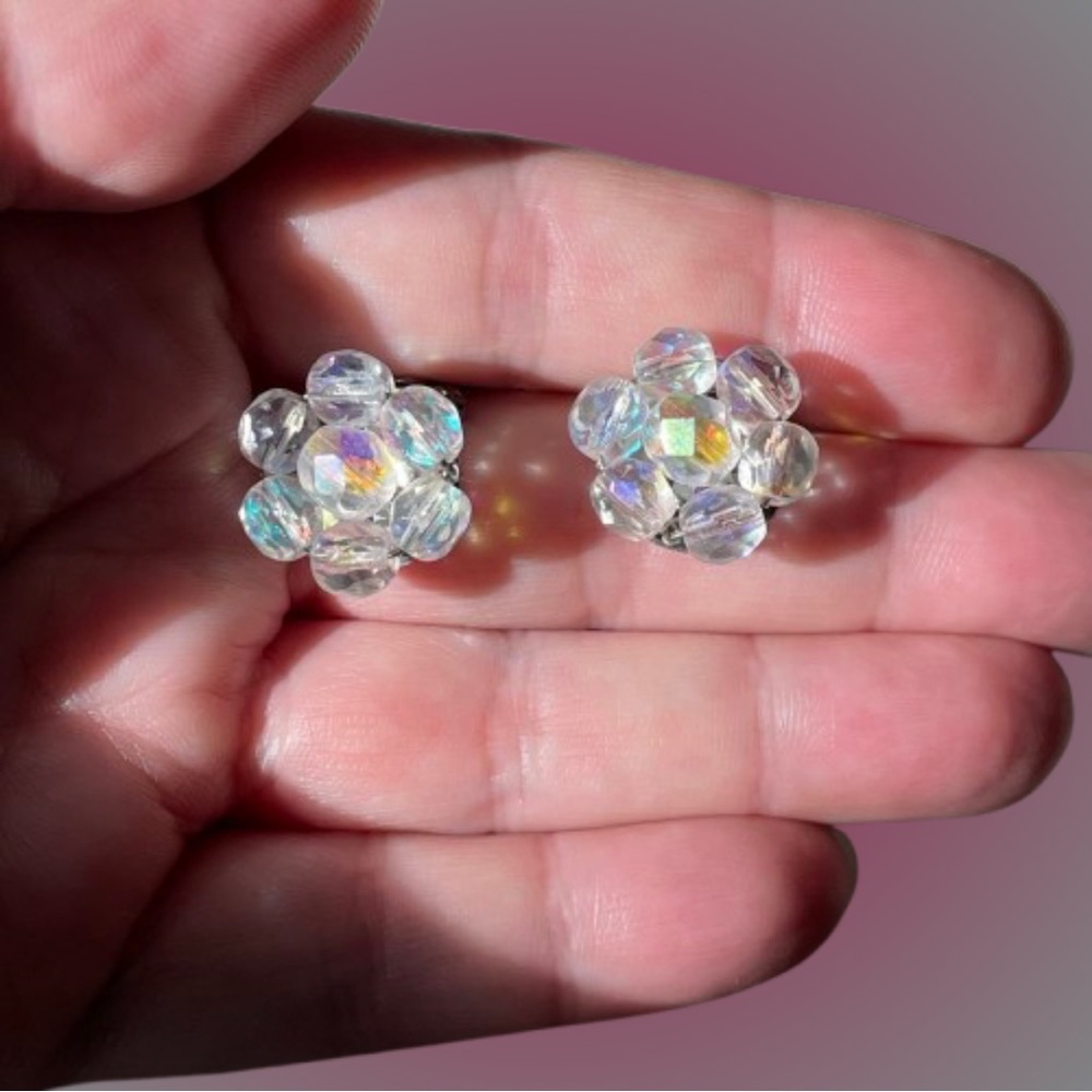 Vintage small AB crystal cluster clip-on earrings unmarked